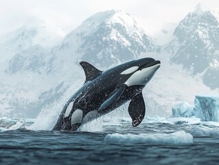 Fototapeta premium Magnificent orca soaring majestically through icy waters against mountain backdrop