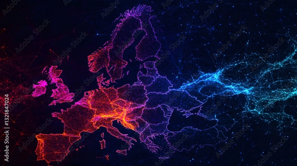 Poster illuminated digital map of europe showcasing interconnected cities and data flows