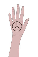 A hand with a peace sign on its open palm reaches up