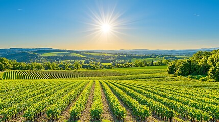 Lush vineyard landscape under a vibrant sun.  Rolling hills, green vines, and a clear blue sky create a picturesque scene
