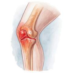 Knee painWatercolor illustration of inflamed knee joint showing redness and swelling