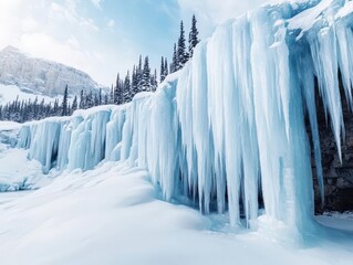 Majestic frozen waterfall with icicles glistening in the soft winter sun, enchanting winter wonderland