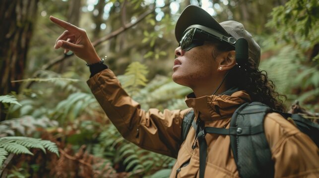 Hiker Exploring Nature in National Park with AR Technology in Forest Environment