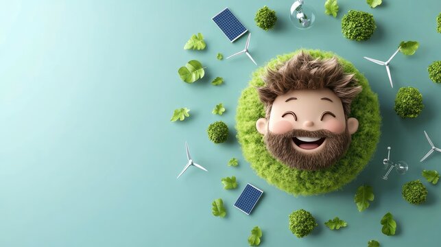 Happy cartoon man's face surrounded by green moss, solar panels, wind turbines, and leaves on a light blue background.