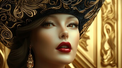 Elegant fashion portrait of a model in ornate hat luxurious studio high-detail art glamorous atmosphere close-up perspective