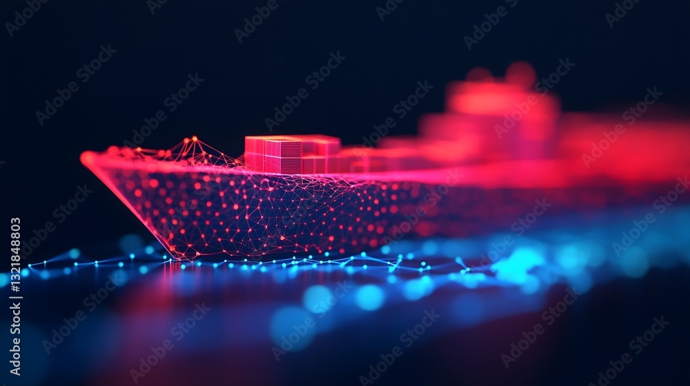 Poster futuristic logistics visualized - abstract cargo vessel with dynamic data symbols and routes