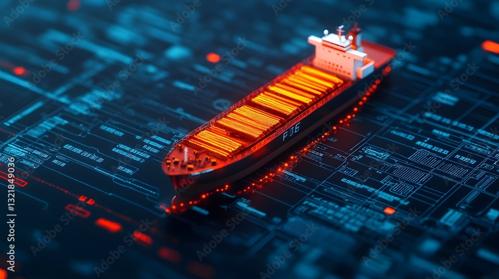 Poster high-tech logistics management concept with digital shipping overlays and data visualizations