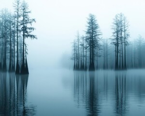Mysterious foggy swamp with towering cypress trees, Spanish moss hanging from the branches