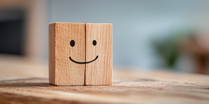 Minimalist Emotional Intelligence Concept Wooden Block Smiley Face Representing Positive Workplace Psychology and Mindful Design Innovation