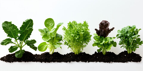 Obraz premium Green Garden Bounty: An overhead perspective showcases a thriving garden bed, where a diverse array of fresh green plants flourishes in fertile soil, embodying growth and vitality.