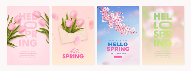 Hello spring sale vertical web banner, flyer, greeting card design template with realistic sakura and tulips. Nature seasonal discount background set. Vector illustration © AM_art