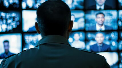 View from behind a person watching multiple screens with news broadcasters in a dark room during nighttime