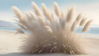 A digital painting of pampas grass on a beach, the color palette is a gradient of light beige and light blue, the lighting is soft diffused