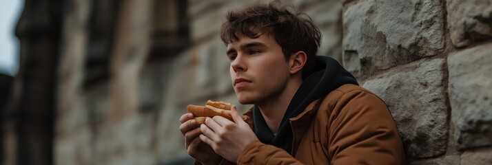 A young man relishing a bite of street food while leaning against a stone wall, portraying the vibrant culture of urban dining and casual meals outdoors.