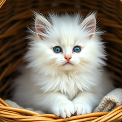White fluffy kitten in a basket