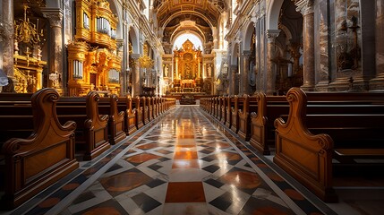 Fototapeta premium Magnificent Interior of a Baroque Church: Golden Altar and Wooden Pews