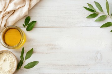 Minimalist Plant-Based Ingredient Flatlay Clean Wellness Aesthetic with Organic Olive Oil and Natural Powders - Sustainable Food Styling for Culinary Content Creators