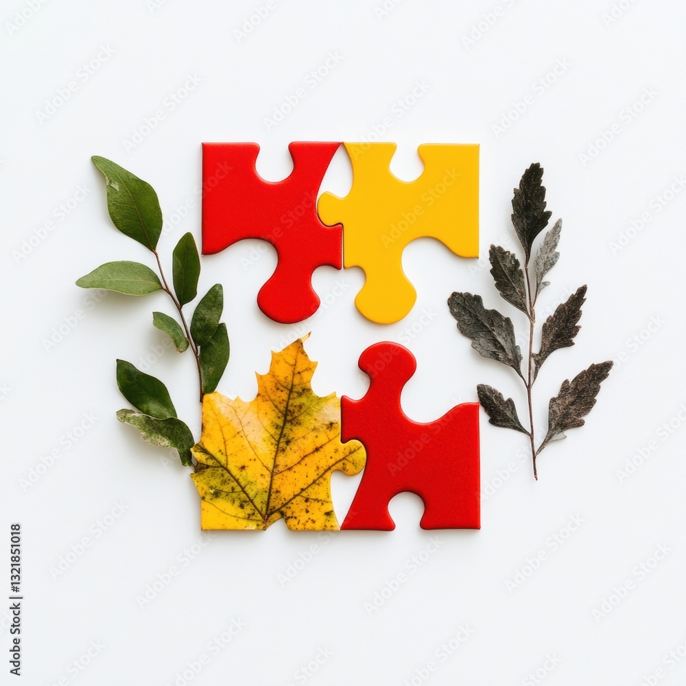 Poster eco-synergy solutions biophilic strategy visualization with interconnected puzzle pieces and organic