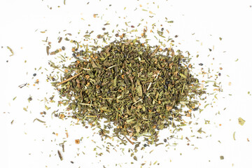 Culinary savory dried herb seasoning on white background top view.