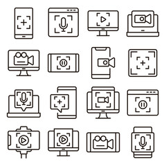 Screen Recording icon set. Includes screen capture, video recording, screen recorder, digital recording, and More. Outline icons vector collection