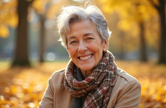 Happy elderly 65 year old woman smiles in autumn city park among fallen leaves. Pensioner active lifestyle concept. Portrait of beauty people in nature. Grey haired lady outdoors.