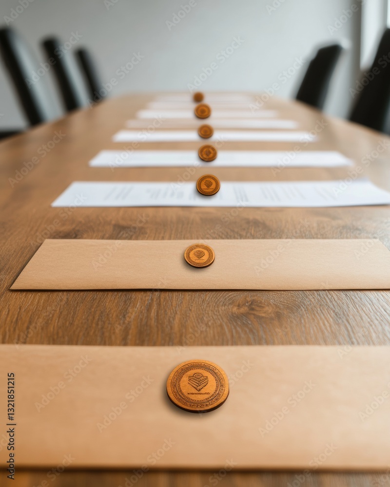 Poster minimalist corporate workflow precision-engineered wooden tokens transforming strategic document man