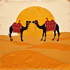 Silhouetted Desert Camels with Golden Sunset