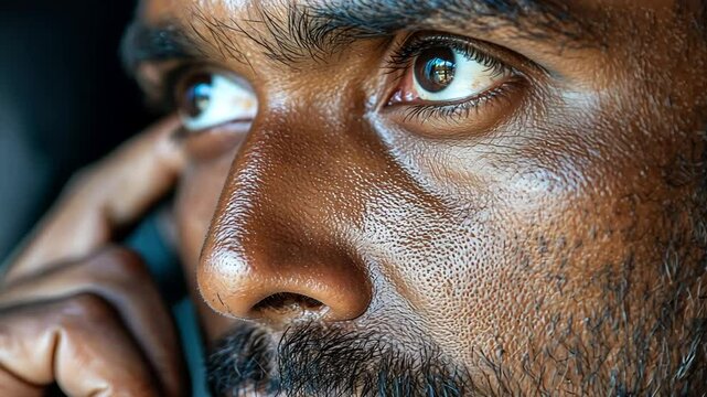 A thoughtful man engaged in a phone conversation for social welfare