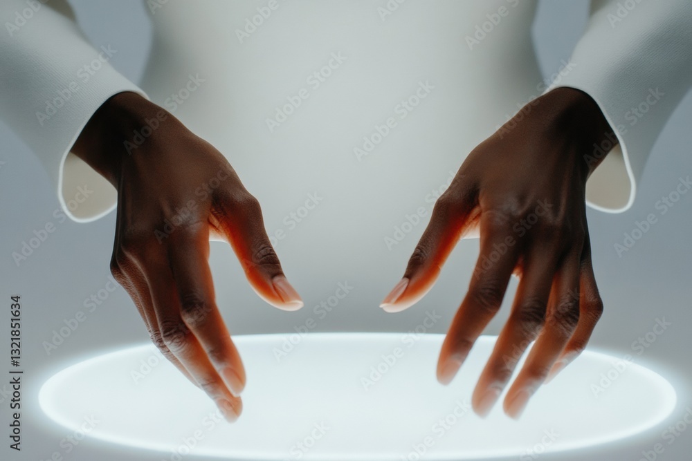 Poster Futuristic Digital Interaction Minimalist Gesture Control Interface with Human Hands in Soft Light - Emerging AR/VR Technology Visualization