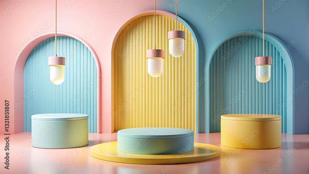 Poster set of abstract yellow, pink and blue cylinder pedestal or podium with circle window and hanging lam