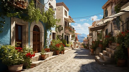 Mediterranean Street Scene: A Sun-Drenched Cobblestone Lane