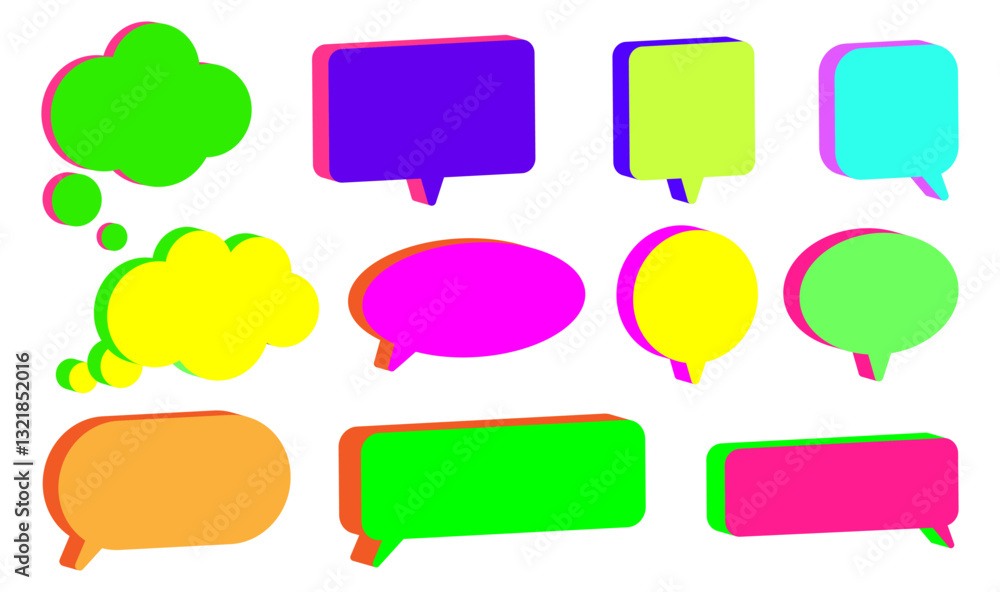 Poster colorful 3d speech and thought bubbles in a neon pop art style set. various shapes and sizes, perfec