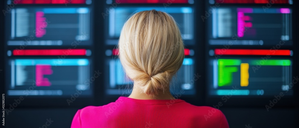 Leinwandbilder Immersive Data Visualization Sleek Professional Woman Analyzing Multiscreen Business Intelligence Dashboards - Cutting-Edge Analytics and Strategic Decision Making