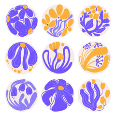 Abstract round floral icons set. Hand-drawn botanical elements with organic shapes and modern aesthetics for stickers, highlights, logo, packaging, social media, prints,decorative designs. Vector