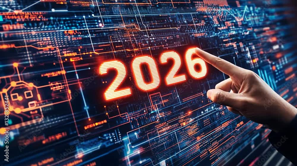 Poster hand selecting 2026 on digital screen; future tech background; new year concept