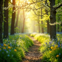 Sun-Dappled Forest Path with Wildflowers