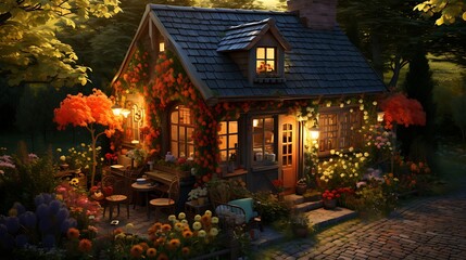 Fototapeta premium Enchanted Cottage at Dusk: A Cozy Autumn Evening
