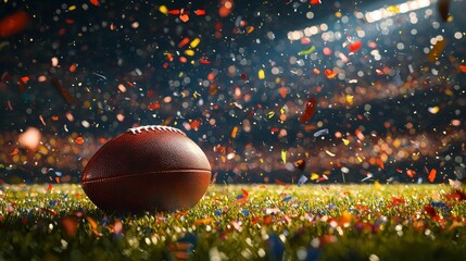 Celebratory stadium scene with american football and colorful confetti