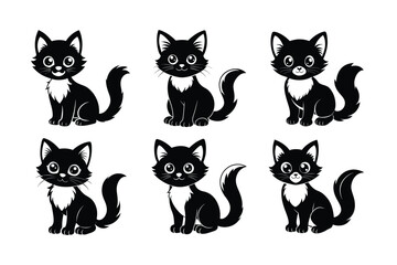 set of Cute Black and White Fluffy Kitten Vector