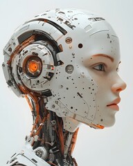 Fototapeta premium Portrait of a man-robot hybrid, blending organic and mechanical elements. This futuristic image embodies the fusion of technology and humanity, ideal for cyberpunk media, AI, and biomechanics topics.