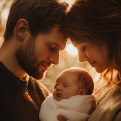 A close-up of a mother and father forehead-to-forehead with their newborn, tender expressions, golden backlight, dreamy bokeh