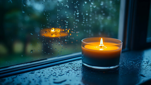 Burning Candle on Rainy Windowsill