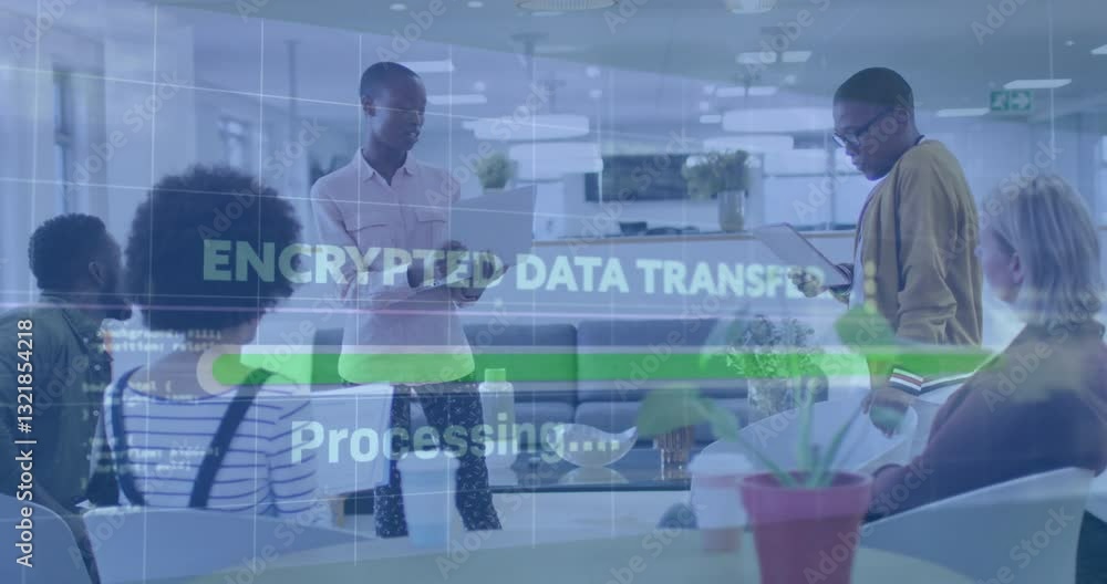Poster encrypted data transfer animation over diverse team collaborating in modern office