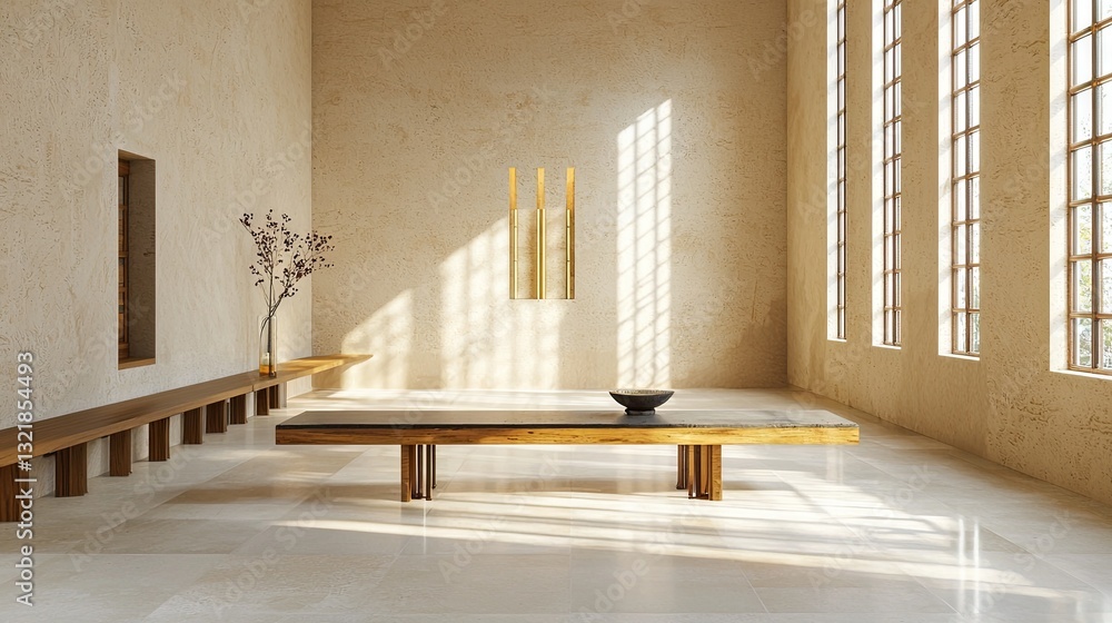 Poster a minimalistic space where gentle light interacts with rough textures, creating a peaceful setting.