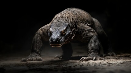 Obraz premium A large reptilian creature is approaching with its front towards the viewer