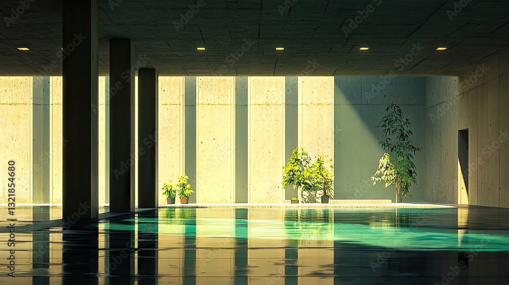 Poster a minimalistic space where gentle light interacts with rough textures, creating a peaceful setting.