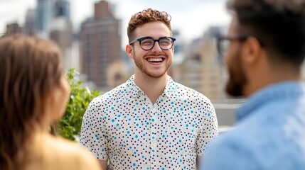 Joyful Professionals Networking and Laughing at a Rooftop Gathering with City Views