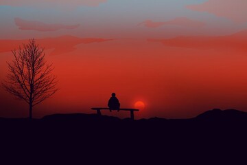 The man sitting, contemplating something. Lofi. Sunset