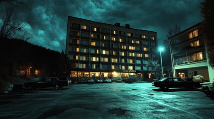 The parking lot of a creepy five-story hotel at night, horror vibes