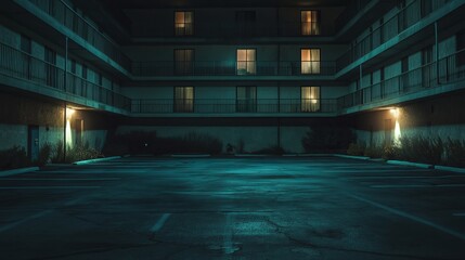 Fototapeta premium The parking lot of a creepy five-story hotel at night, horror vibes